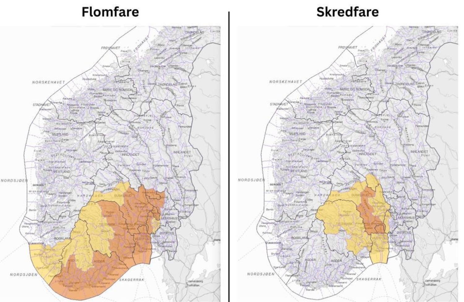 NVE oppjusterer farevarsel for flom og skred som følge av uværet "Amy".